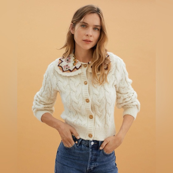 Mango Sweaters - Mango Cream Cable-Knit Cardigan with Floral Collar